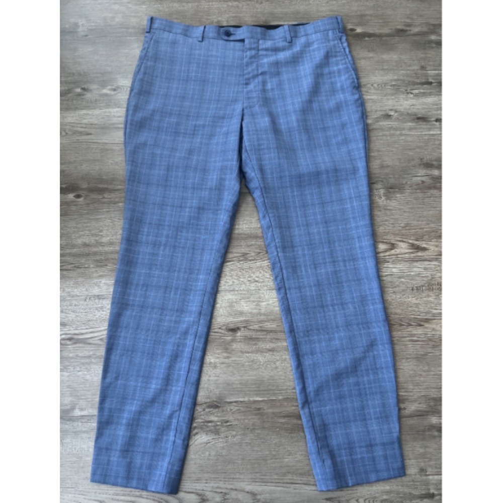 John Varvatos USA Street 100% Wool Dress Pants Mens 38x30 Blue Plaid Slim Fit